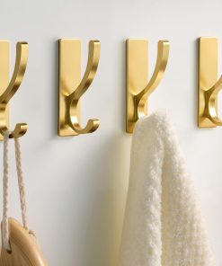 pickpiff Adhesive Wall Hooks for Towels - Sticky Hook Hanging Heavy Duty (13lb). Hanger for Door. Bathroom. Dorm. Closet - for Coats. Purse. Bag. Robe - No Damage to Wall - Gold 4 Pack