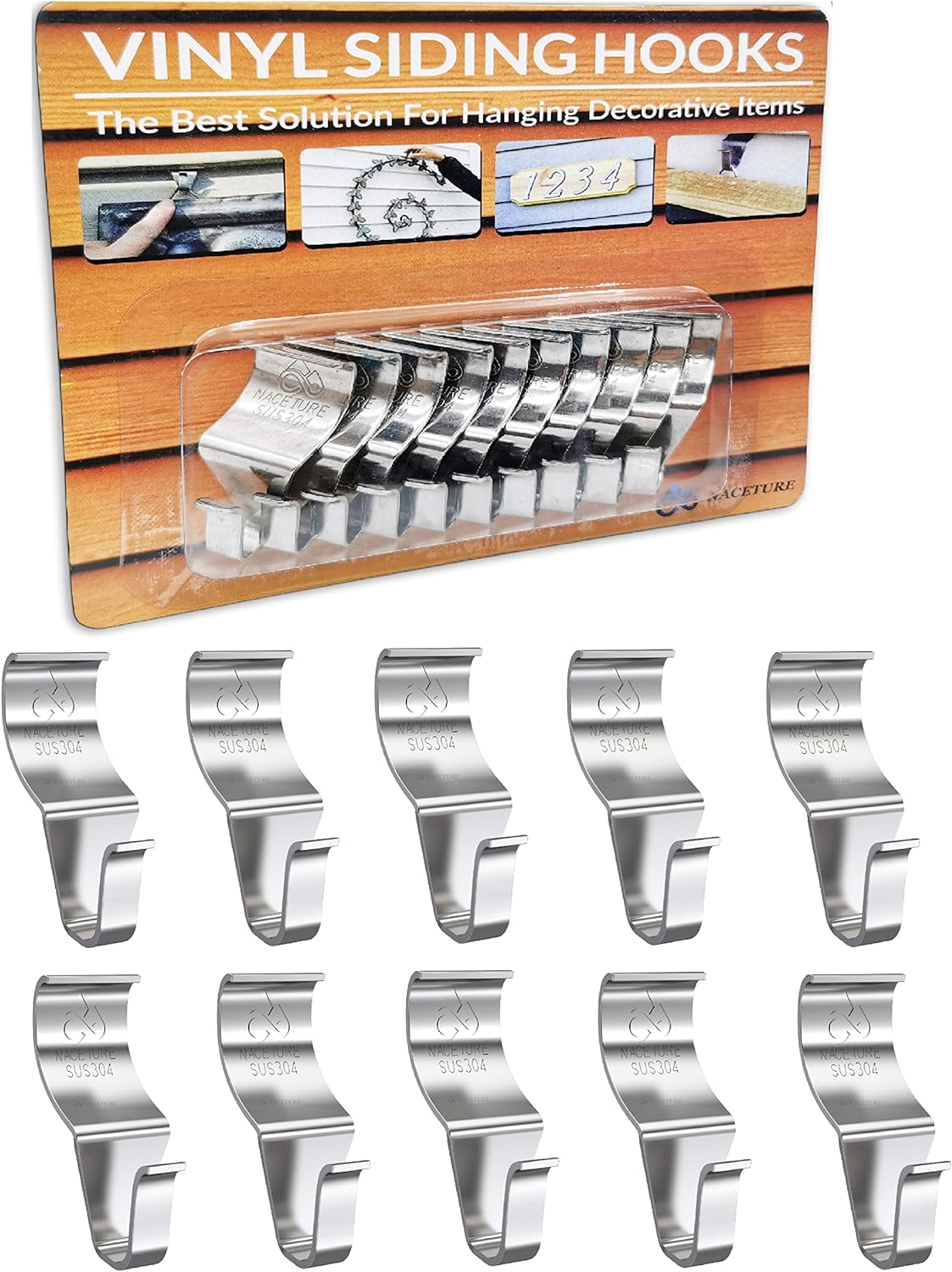 NACETURE Vinyl Siding Hooks Hanger (10 Pack) | No Drill Vinyl Hooks for Hanging Outdoor Decor. Sliver